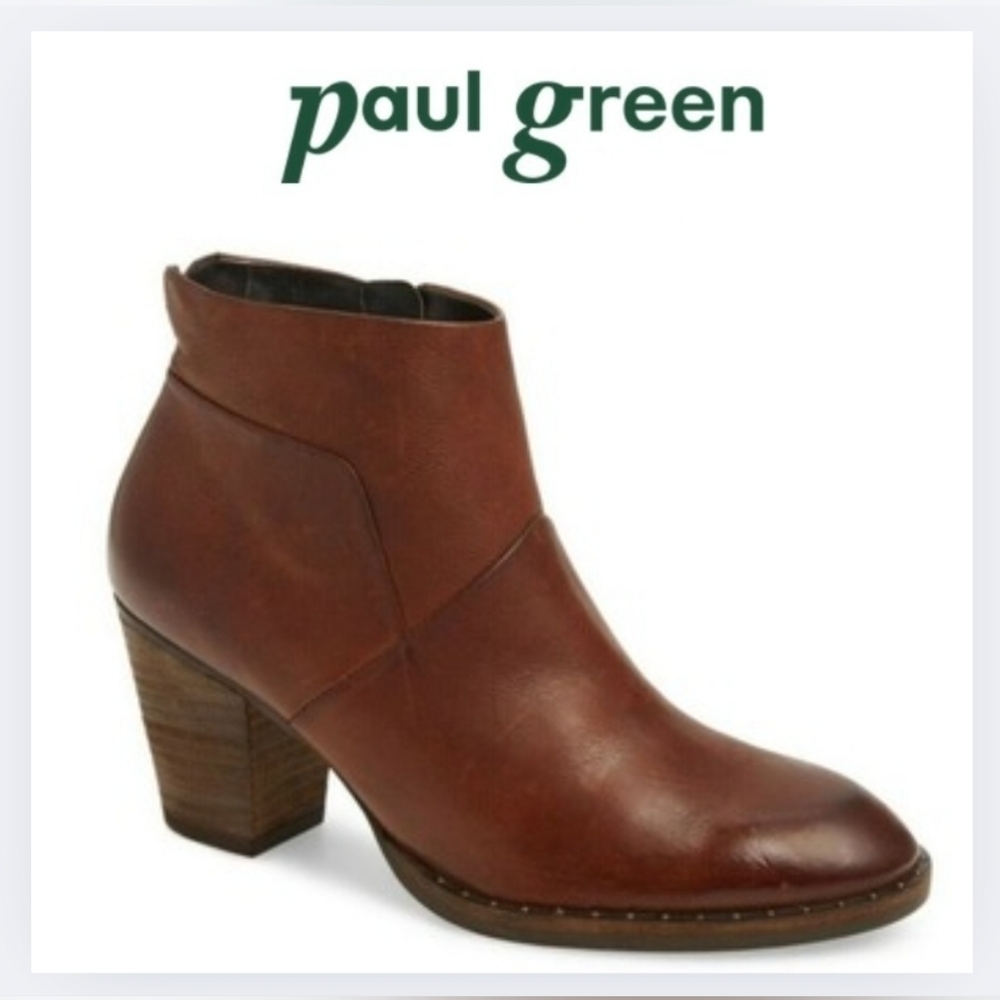 NWOB {PAUL GREEN} 'Nelly' Brown Leather Ankle Boots Block Heels US 7.5 (UK 5)